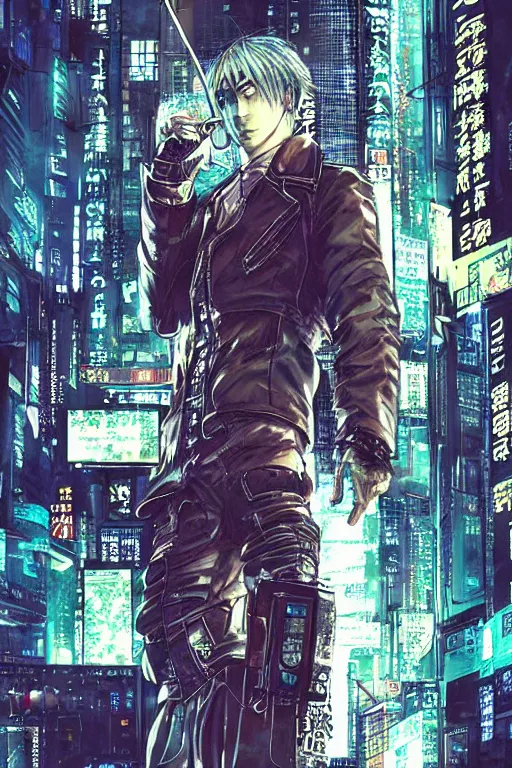 Image similar to \'Cyberpunk detective. Сoncept art. Artwork by Yoshitaka Amano. photoillustration