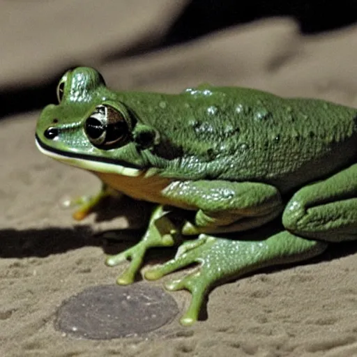 Prompt: a rare military frog equipped with rocket launcher and night vision target acquisition system, photo from janes weekly