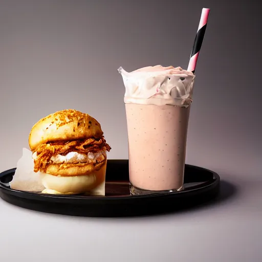 Image similar to a kfc milkshake next to a shrimp wearing a dress, on a beautiful plate, food photography, studio lighting, hyper realistic, sharp focus, hyper - detailed, 8 k resolution