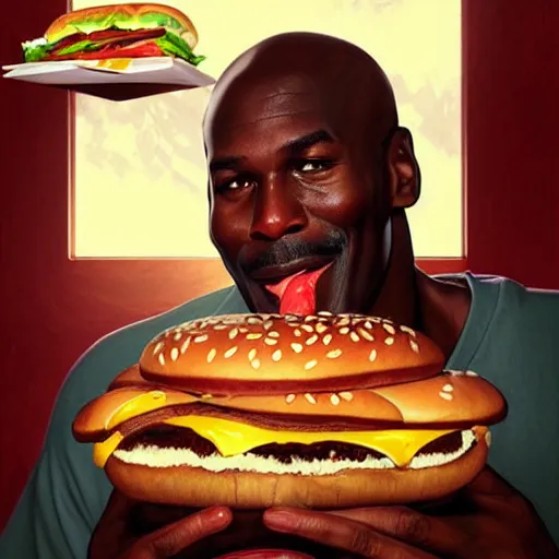 Prompt: Michael Jordan dunking a big mac hamburger, eating burgers, dripping BBQ Sauce, serving burgers, hospital room, intricate, elegant, highly detailed, digital painting, artstation, concept art, matte, sharp focus, illustration, art by Artgerm and Greg Rutkowski and Alphonse Mucha