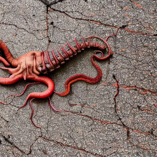 Image similar to earthworm octopus dragging a dead squirrel across a sidewalk on rainy day, leaving streak of red slime, macro photography, hd, ultra 4 k realistic