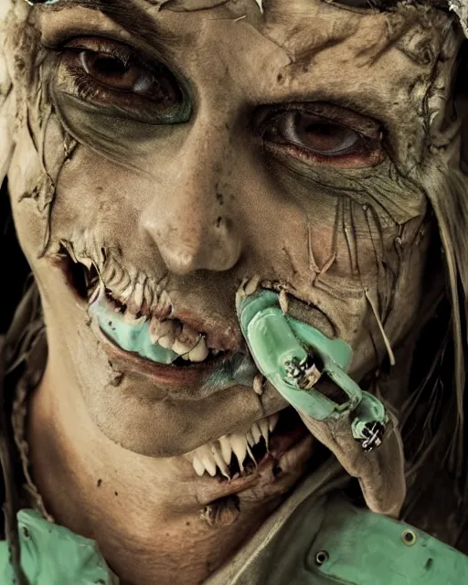 Image similar to an intimate portrait of a gnarly human cyberpunk pirate, old skin, faded hat, crooked teeth, green eyes, a look of menace, detailed matte fantasy painting