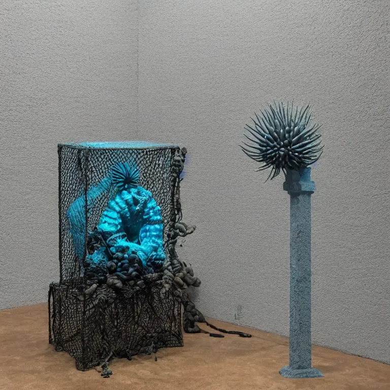 Image similar to hyperrealistic sculpture of a distressed bronze ancient fossilized echinoderm sea urchin dusted with opalescent blue spraypaint and ferns in a nylon grid cage on a pedestal by ron mueck and duane hanson and lee bontecou, hyperrealistic dramatic colored lighting trending on artstation 8 k