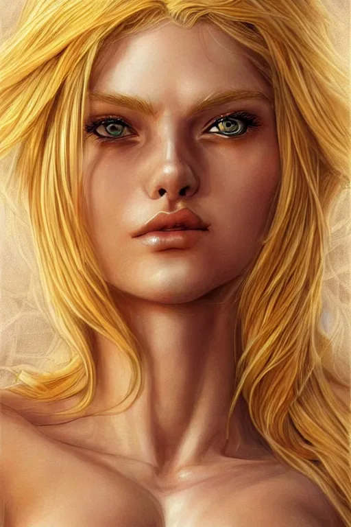 Prompt: a beautiful blond goddess girl, fantasy, portrait, sharp focus, intricate, elegant, digital painting, artstation, matte, highly detailed, concept art, illustration, ambient lighting, art by milo manara