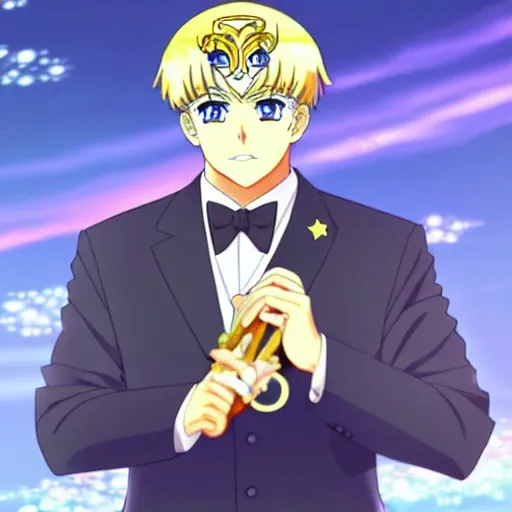 Image similar to president of belorussia, alexander lukashenko in anime with golden long wand in his hands in anime style, sailor moon, anime, perfect faces, fine details