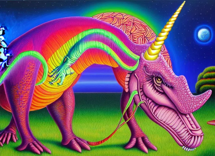 Image similar to T-rex and Unicorn relaxing, Alex Grey,Oil on Canvas detailed,