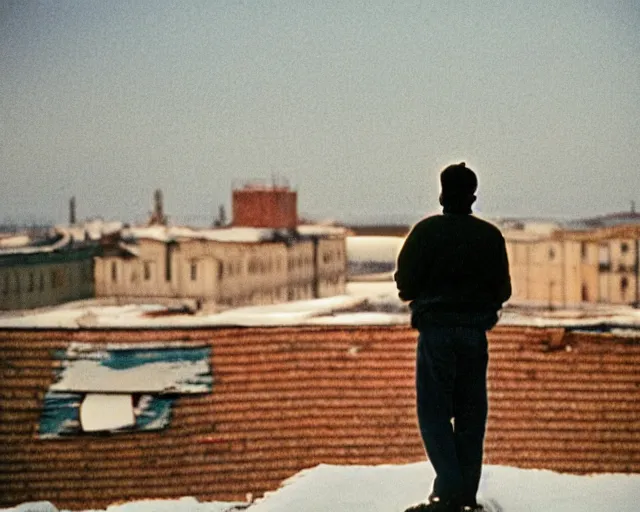 Image similar to lomo photo of man standing on the roof of soviet hrushevka, small town, cinestill, bokeh, out of focus