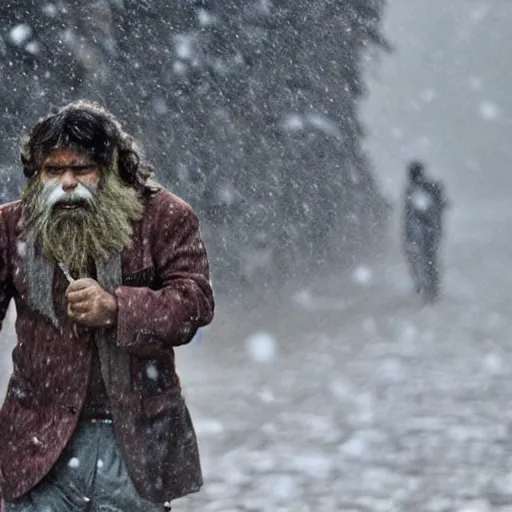 Prompt: photograph of caveman in Dhaka city during snowfall