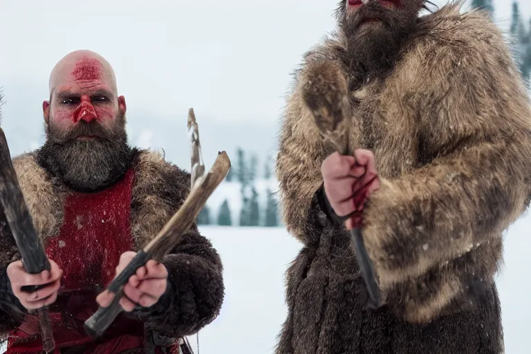 Prompt: vfx movie tough bald man in furs, natural grizzled skin, streaks of red face paint grey beard, holding two detailed viking axes, in snowy tahoe by emmanuel lubezki