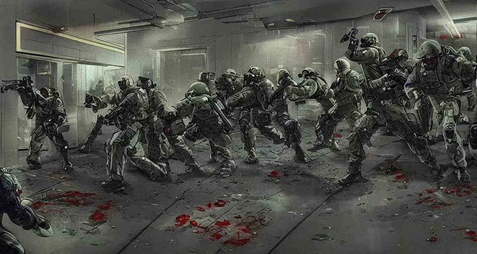 Prompt: 1996 Video Game Concept Art for Neo-tokyo Cyborg bank robbers vs police, Set inside of Office, Multiplayer set-piece Ambush, Tactical Squads :10, Police officers under heavy fire, Suppressive fire, Pinned down, Destructible Environments, Gunshots, Headshot, Bullet Holes and Anime Blood Splatter, :10 Gas Grenades, Riot Shields, MP5, AK45, MP7, P90, Chaos, Anime Machine Gun Fire, Gunplay, Shootout, :14 FLCL + Akira, Cel-Shaded:15, Created by Katsuhiro Otomo + Studio Gainax + Trending on Artstation: 20