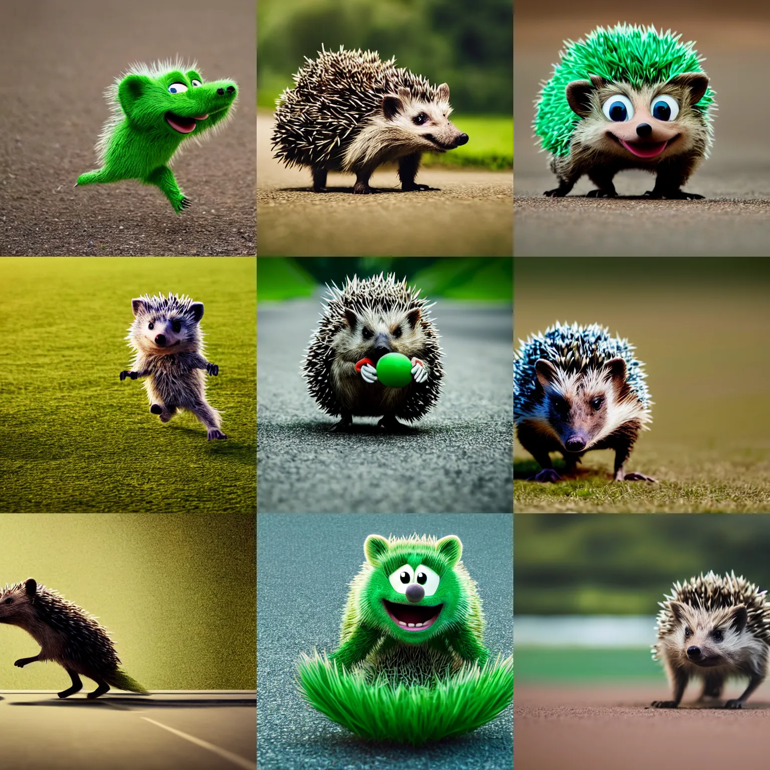 Prompt: a green anthropomorphic hedgehog running, cinematic shot,in the style of Pixar, shallow depth of focus