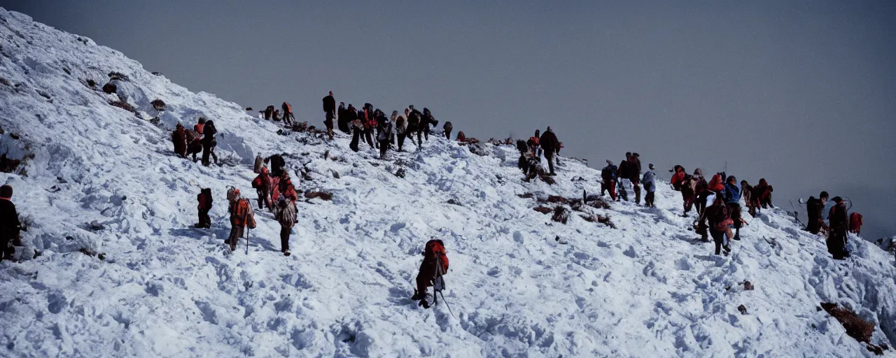 Prompt: people hiking over a hill made up of spaghetti on top of a frozen mountain, canon 5 0 mm, cinematic lighting, photography, retro, film, kodachrome