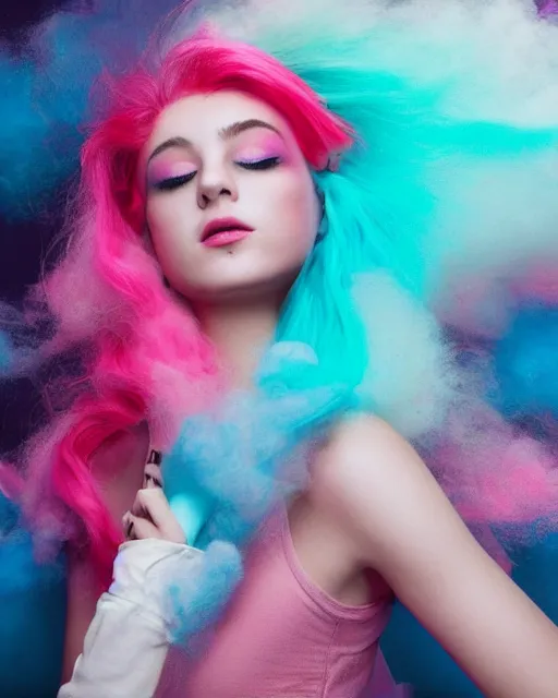 Image similar to a dramatic lighting photo of a beautiful young woman with cotton candy hair. blood splashes with a little bit of cyan and pink