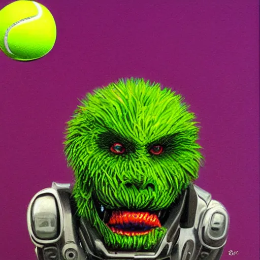 Image similar to a tennis ball monster , digital art, fantasy, magic, cyborg, sci-fi, trending on artstation, ultra detailed, professional illustration by Basil Gogos