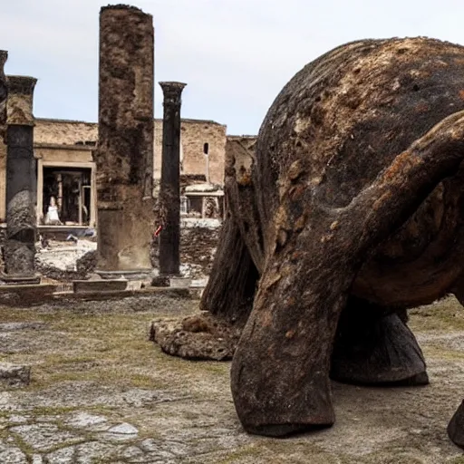 Prompt: petrified mammoth found in ruins of pompeii