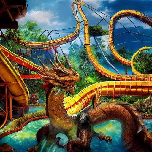 Prompt: dragon shaped waterpark with waterslides painting by brain froud, charles vess, cinematic lighting, epic composition, highly detailed