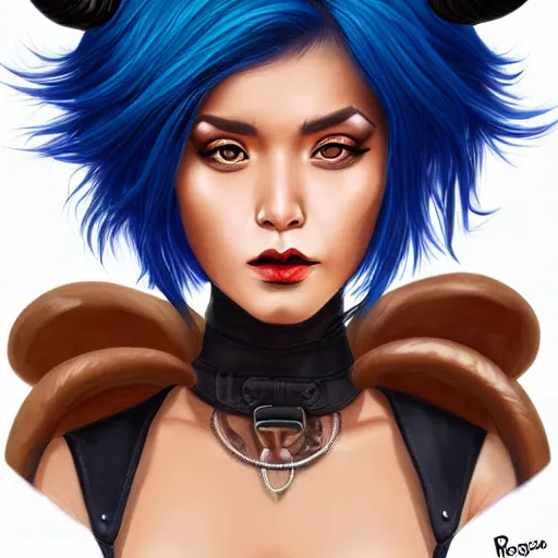 Image similar to illustrated realistic portrait of ram-horned devil woman with blue bob hairstyle and her tan colored skin and with solid black eyes wearing leather by rossdraws