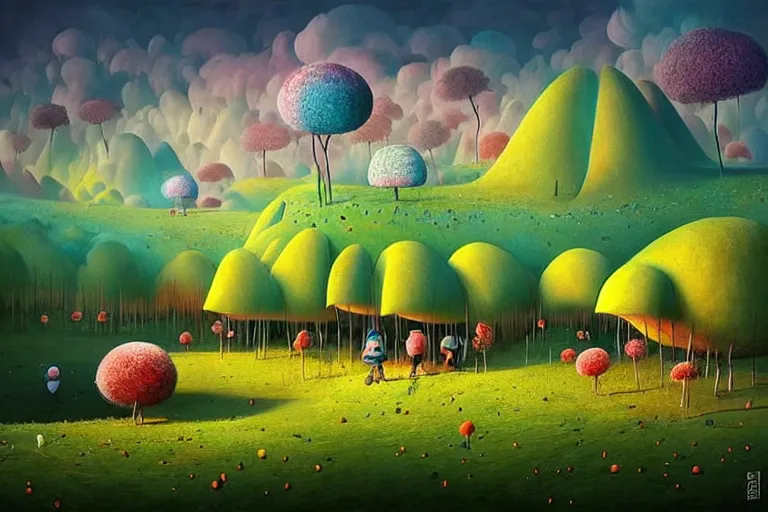 Prompt: surreal glimpse into other universe, inside a marshmallow forest in an ice cream valley, summer morning, very coherent and colorful high contrast, art by!!!! gediminas pranckevicius!!!!, geof darrow, dark shadows, hard lighting