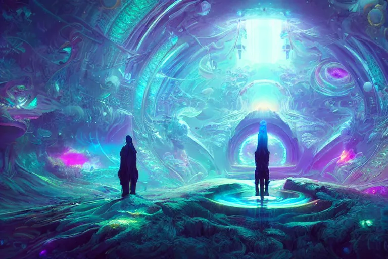 Image similar to a psychedelic realm at the edge of existence where intensely creative astral beings exist, they are summoning an astral vehicle, in the style of WLOP, illustration, epic, fantasy, hyper detailed, smooth, unreal engine, sharp focus, ray tracing