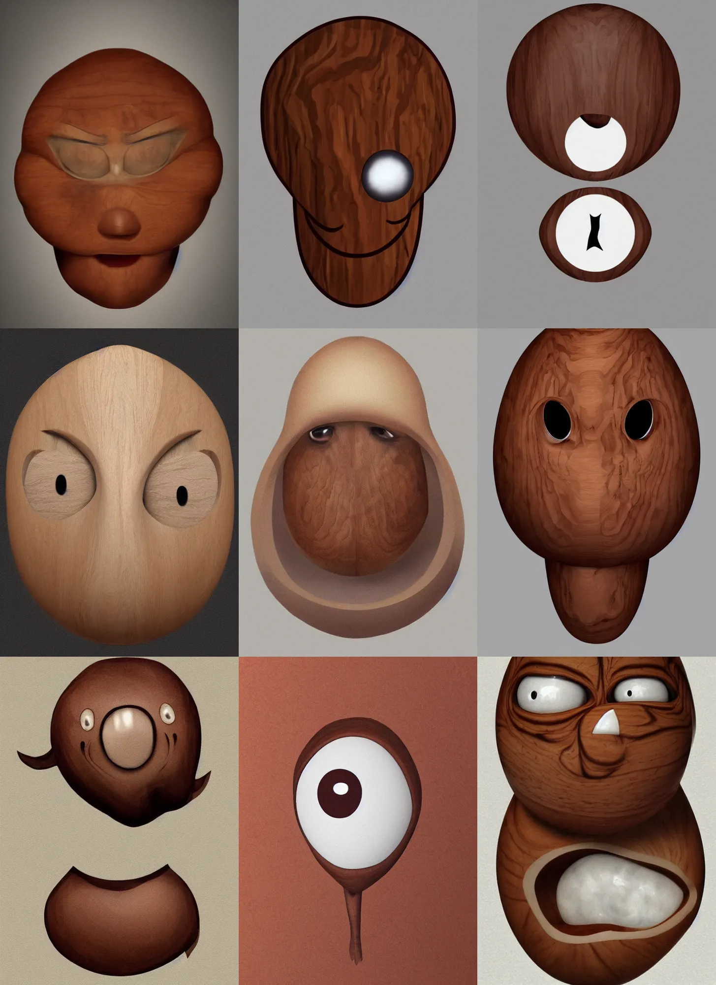 Image similar to a stern round large walnut with two stern eyes and a mouth without a nose, white background, artstation, pinterest