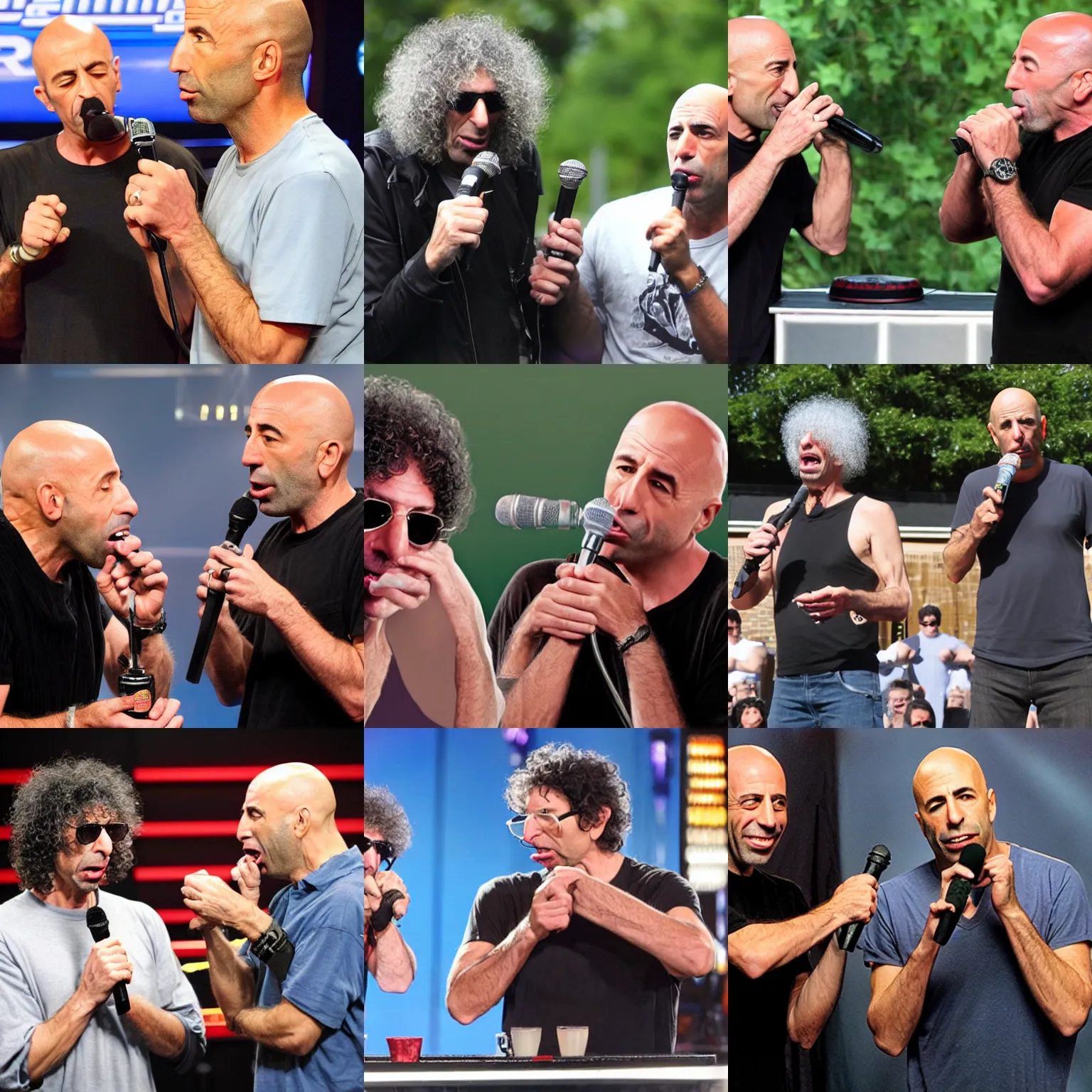 Prompt: Howard Stern and Joe Rogan having a microphone eating contest