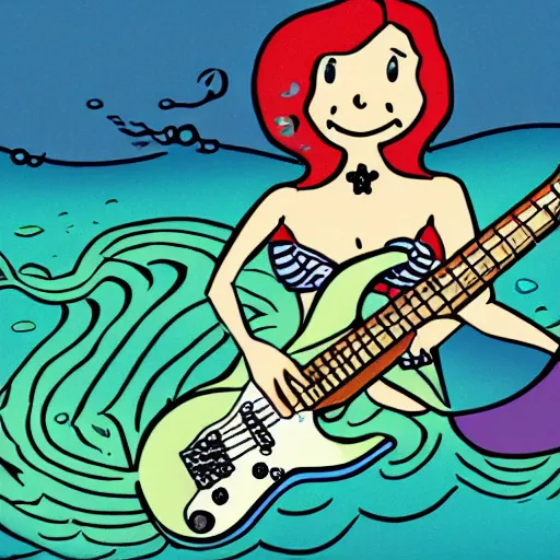 Image similar to illustration of a mermaid playing an stratocaster electric guitar, under the sea, by Bill Watterson