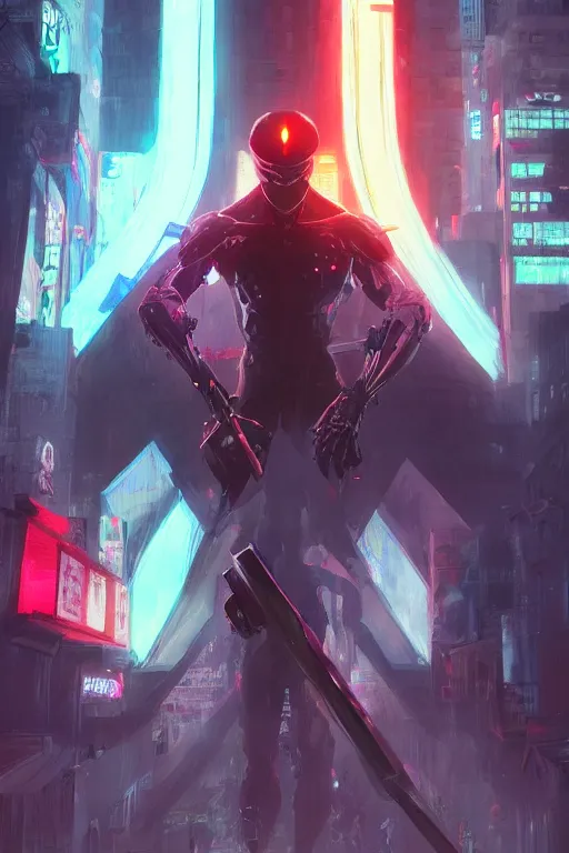 Image similar to portrait of ninja slayer, japan, neon lighting, night city, digital art from artstation, digital illustration by Ruan Jia and Mandy Jurgens and Artgerm and Wayne Barlowe and Greg Rutkowski and Zdislav Beksinski