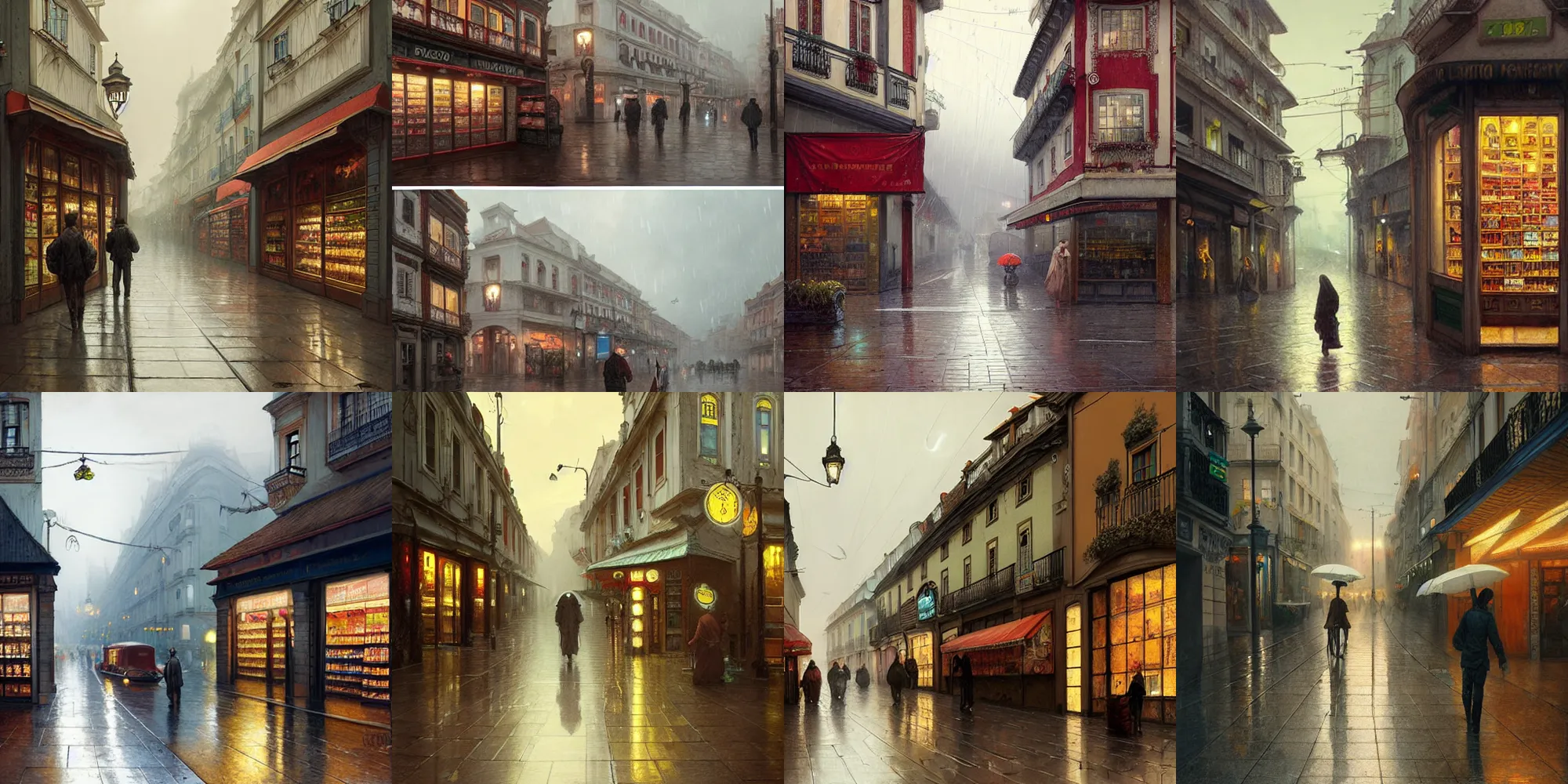 Prompt: a convenience store of 2022 portugal lisbon on the street of a very highly detailed logital matte painting art by Greg Rutkowski, highly logical and striking detailed architecture by alphonse mucha, heavy rain, moody, night