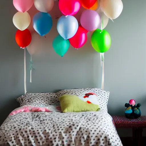 Image similar to japanese paper balloons hanging above a child's bed in their bedroom. dark room with light spilling in from the window