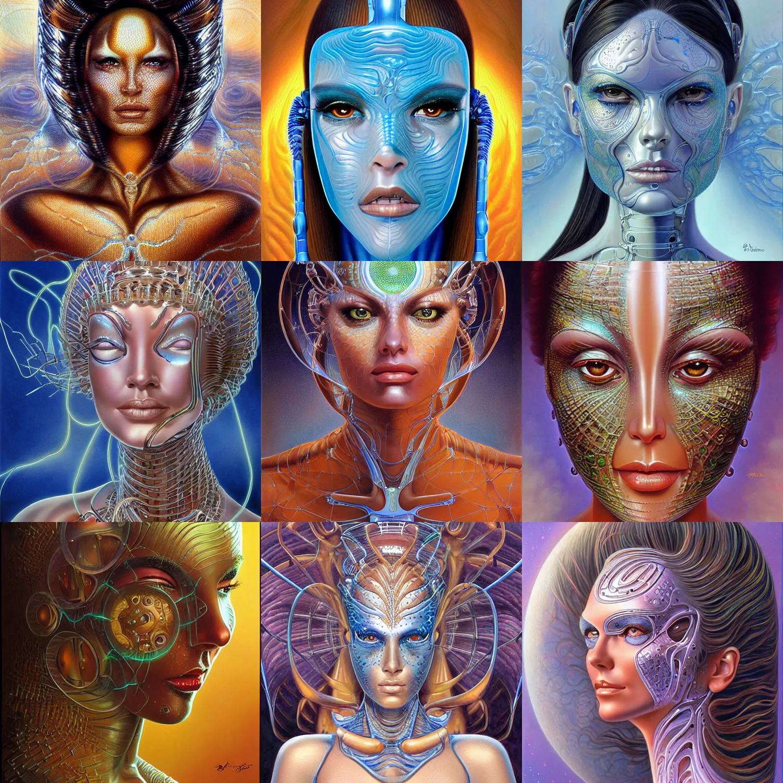 Prompt: a robotic goddess with transparent skin, highly detailed, digital painting, smooth, sharp, beautiful face, expressive eyes, highly intricate, art by Boris Vallejo and alex gray