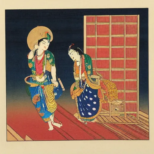 Prompt: late meiji period, colored woodblock print, krishna