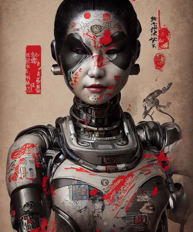 Image similar to an epic fantastic realism comic book style portrait painting of a japanese robotic geisha with kanji tattoos and decals, apex legends, octane render, intricate detail, 4 k hd, unreal engine 5, ex machina, irobot