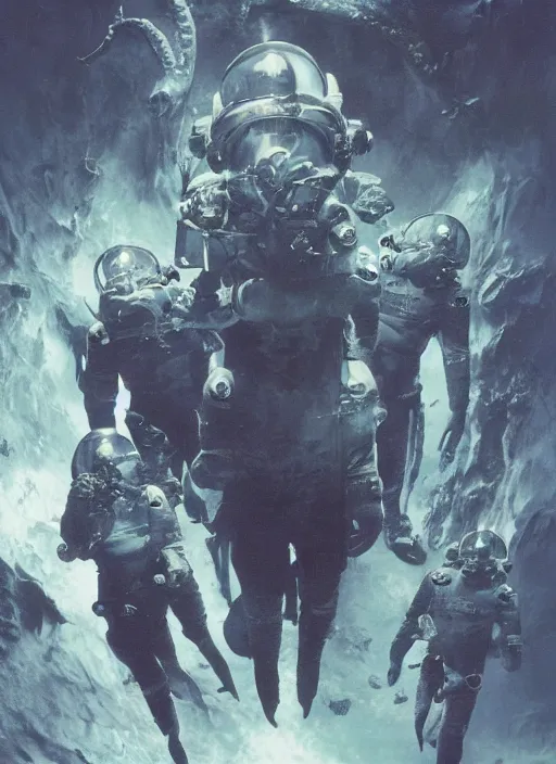 Image similar to astronauts in dark and empty void underwater - complex and hyperdetailed technical suit. reflection and dispersion materials. rays and dispersion of light. volumetric light. 5 0 mm, f / 3 2. noise film photo. flash photography. ultra realistic, wide angle. poster by wayne barlowe, hajime sorayama aaron horkey, craig mullins
