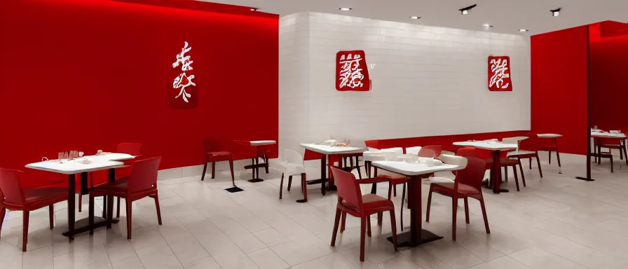 Image similar to a beautiful simple interior render of small roasted string hotpot restaurant restaurant yan'an, wall corner, from china, red paper wall and white tile floor, rectangle white porcelain table, fine simple delicate structure, chinese style, simple composition, simple style structure decoration design, victo ngai, 4 k hd