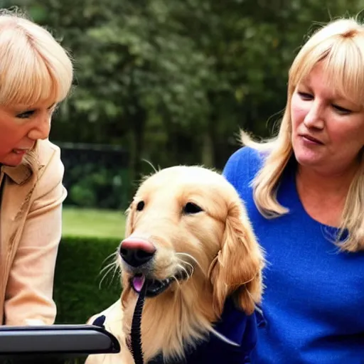 Image similar to A high-quality photo of a Golden Retriever teaching Nadine Dorries to use the internet