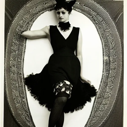 Image similar to elegant woman dressed up as pikachu, wearing black lacy stockings, art photo by Annie Liebovitz and Alphonse Mucha