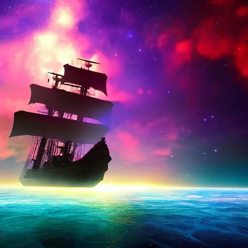 Image similar to pirate ship floating in space, colorful nebula, cinematic, unreal engine