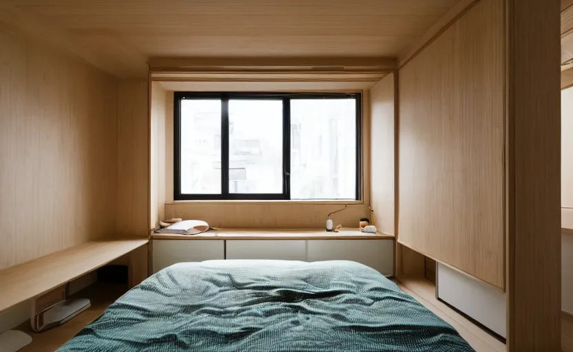 Image similar to interior of a small and compact minimalist bedroom in an apartment building, japanese style, bed, cupboards, bamboo wood, white, beige, bright, green wall, windows with a view of a green park, natural materials, modernist, swedish design, 8 k