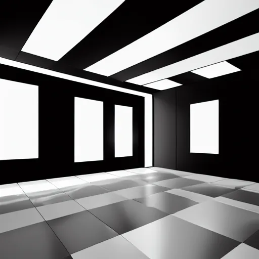 Image similar to inside of blank dark without light endless cube with black walls and white neon contours. Digital Concept Art