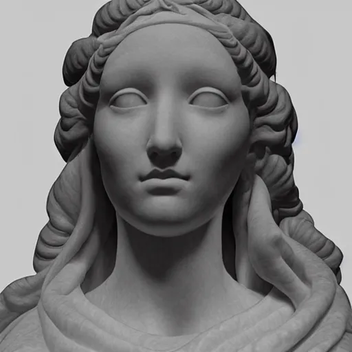 Image similar to “a delicate renaissance marble sculpture of a !female !!face , covered with water veil, highly detailed !!!transparent !!!marble !!!cloth, gi, global illumination, physically based rendering, photorealistic, top light , dark background”