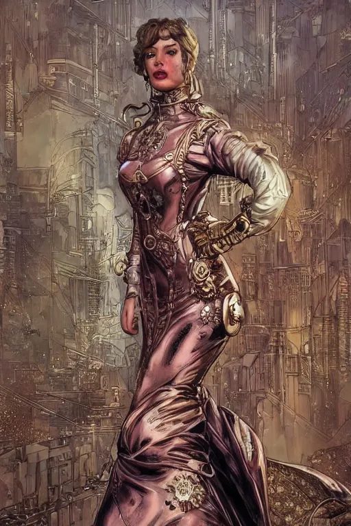 Prompt: brass semi - mechanical woman, portrait, floral art novuea dress, art by ardian syaf and moebius, in steampunk cityscape