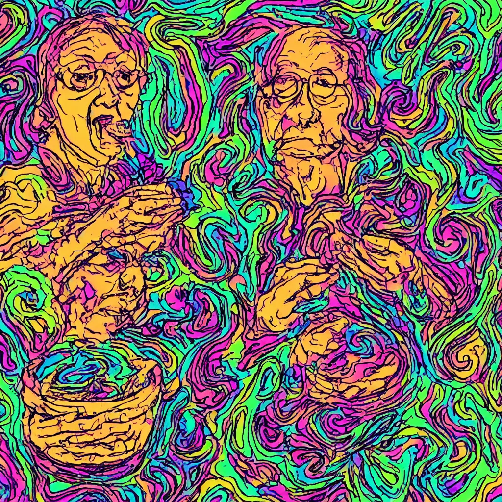 Prompt: psychedelic granny eating a bowl of eyes, salviadroid