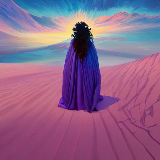 Image similar to portrait, giant purple dahlia flower head, woman between dunes, surreal photography, sunrise, blue sky, dramatic light, impressionist painting, digital painting, artstation, simon stalenhag