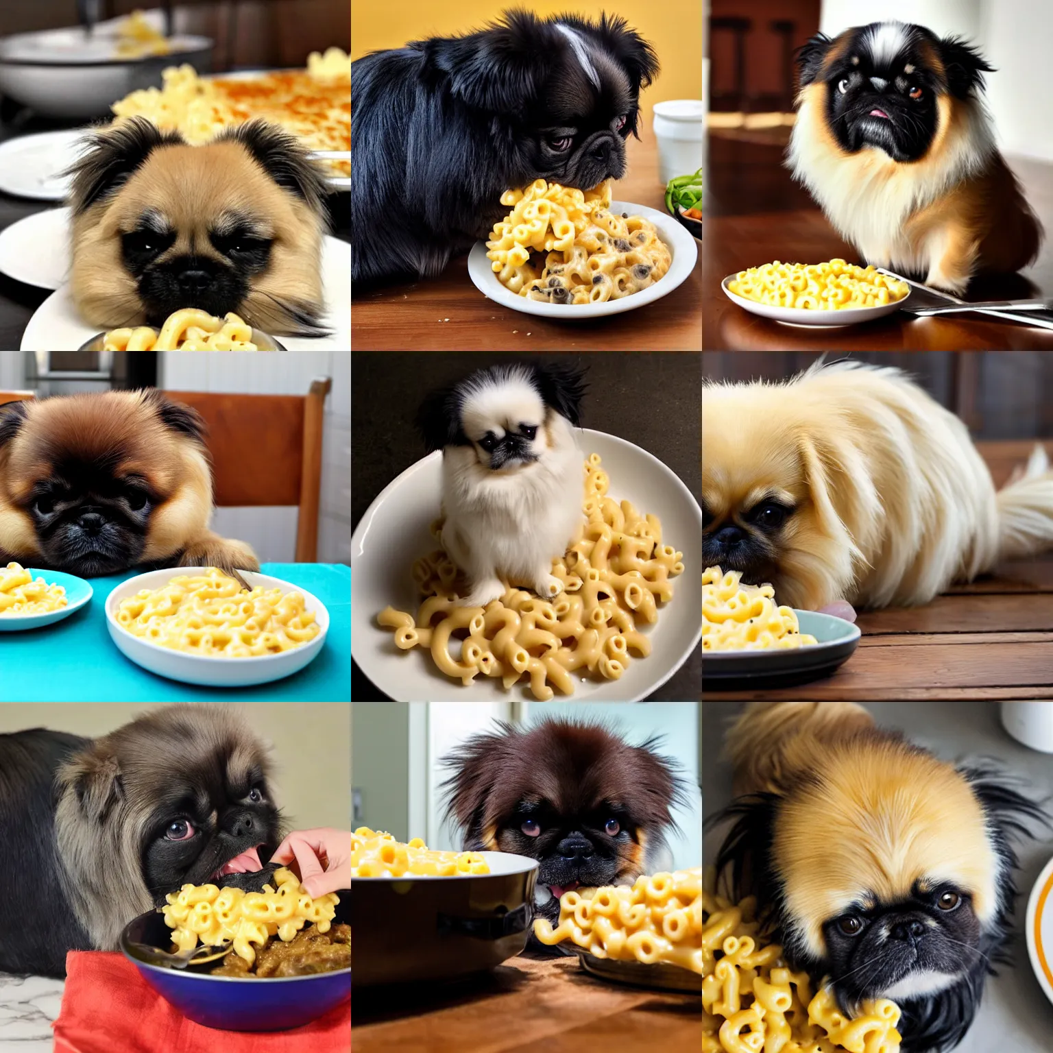 Prompt: a fat pekingese eating mac and cheese