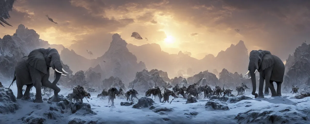 Image similar to elaborate elephant war armor fighting in snow mountain landscape, beautiful dynamic lighting, cinematic, wide angle establishing shot, extremely high detail, photo realistic, cinematic lighting, post processed, concept art, artstation, matte painting, style by frederic church, raphael lacoste, unreal engine 8k