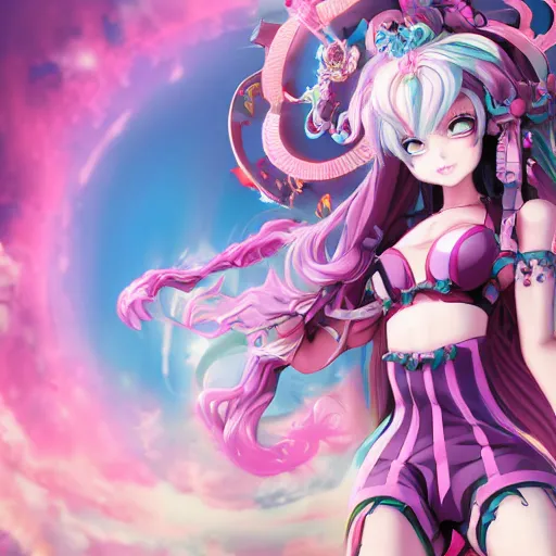 Prompt: stunningly beautilful omnipotent megalomaniacal anime asi goddess who looks like junko enoshima with symmetrical perfect face and porcelain skin, pink twintail hair and cyan eyes, taking control while smiling inside her surreal vr castle, hyperdetailed, digital art, unreal engine 5, 2 d anime style, 8 k