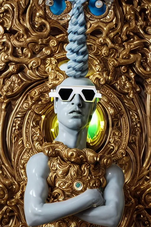 Prompt: full-body neon porcelain bladerunner and rococo style sculpture of a young handsome Cuban prince wearing cholo shades as a half android with a porcelain chest opening exposing circuitry and electric sparks, glowing laser beam eyes, crown of giant diamonds, flowing neon-colored silk, fabric, raptors. baroque elements. full-length view. baroque element. intricate artwork by caravaggio. many many birds birds on background. Trending on artstation, octane render, cinematic lighting from the right, hyper realism, octane render, 8k, depth of field, 3D