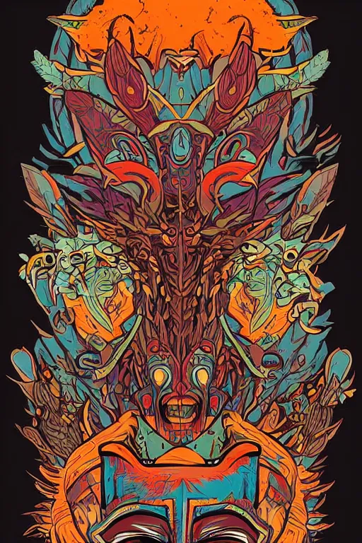 Image similar to animal mask totem roots flower tribal feather gemstone plant wood rock shaman vodoo video game vector cutout illustration vivid multicolor borderlands comics by josan gonzales and dan mumford radiating a glowing aura