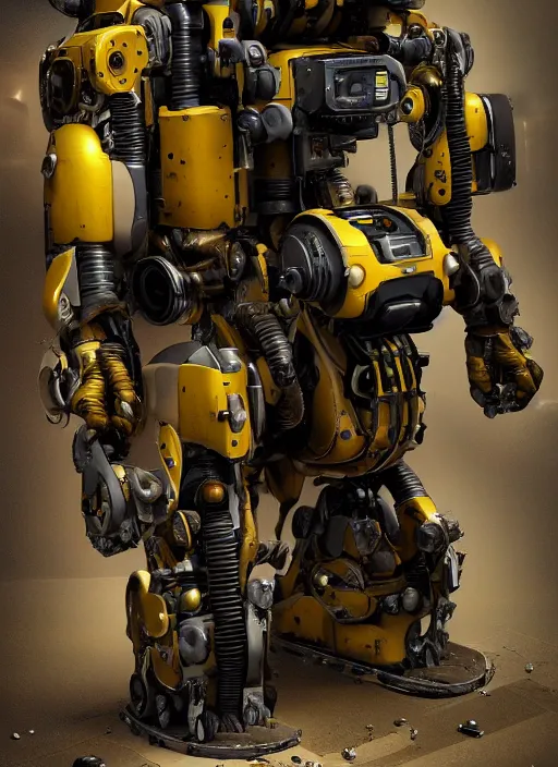 Image similar to a photorealistic dramatic hyperrealistic render of a futuristic exosuit power loader heavy machinery, ultra realistic details, glossy yellow, well worn, rust, oil stains by vitaly bulgarov and mike nash, beautiful dramatic dark moody tones and lighting, cinematic atmosphere, studio lighting, shadows, dark background, octane render, 8 k