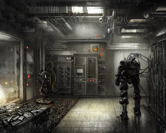 Image similar to gloomy colossal ruined server room in datacenter robot figure automata headless drone robot knight welder posing pacing fixing soldering mono sharp focus, emitting diodes, smoke, artillery, sparks, racks, system unit, motherboard, by pascal blanche rutkowski artstation hyperrealism cinematic dramatic painting concept art of detailed character design matte painting, 4 k resolution blade runner